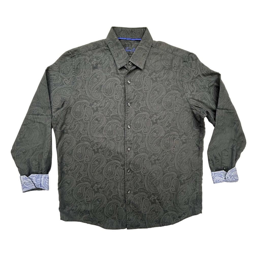 Tasso Elba Shirt Mens Large Paisley Button Up Long Sleeve Black Gray Dress